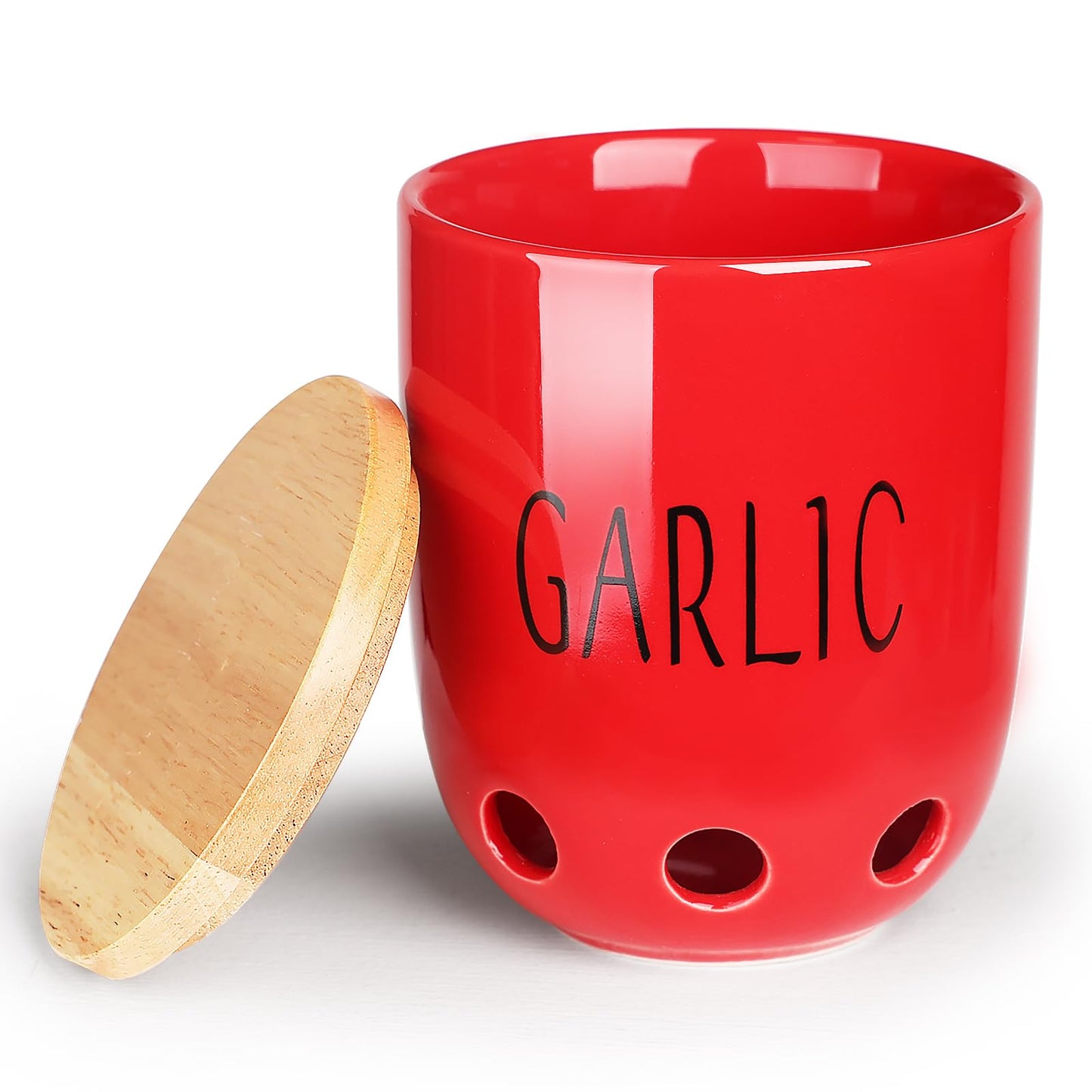 HAOTOP Ceramic Garlic Keeper for Counter, Garlic Saver Container with Wood Lid, Garlic Keeper for Kitchen, Garlic Holder to Keep Your Garlic Cloves Fresh Longer (Red)