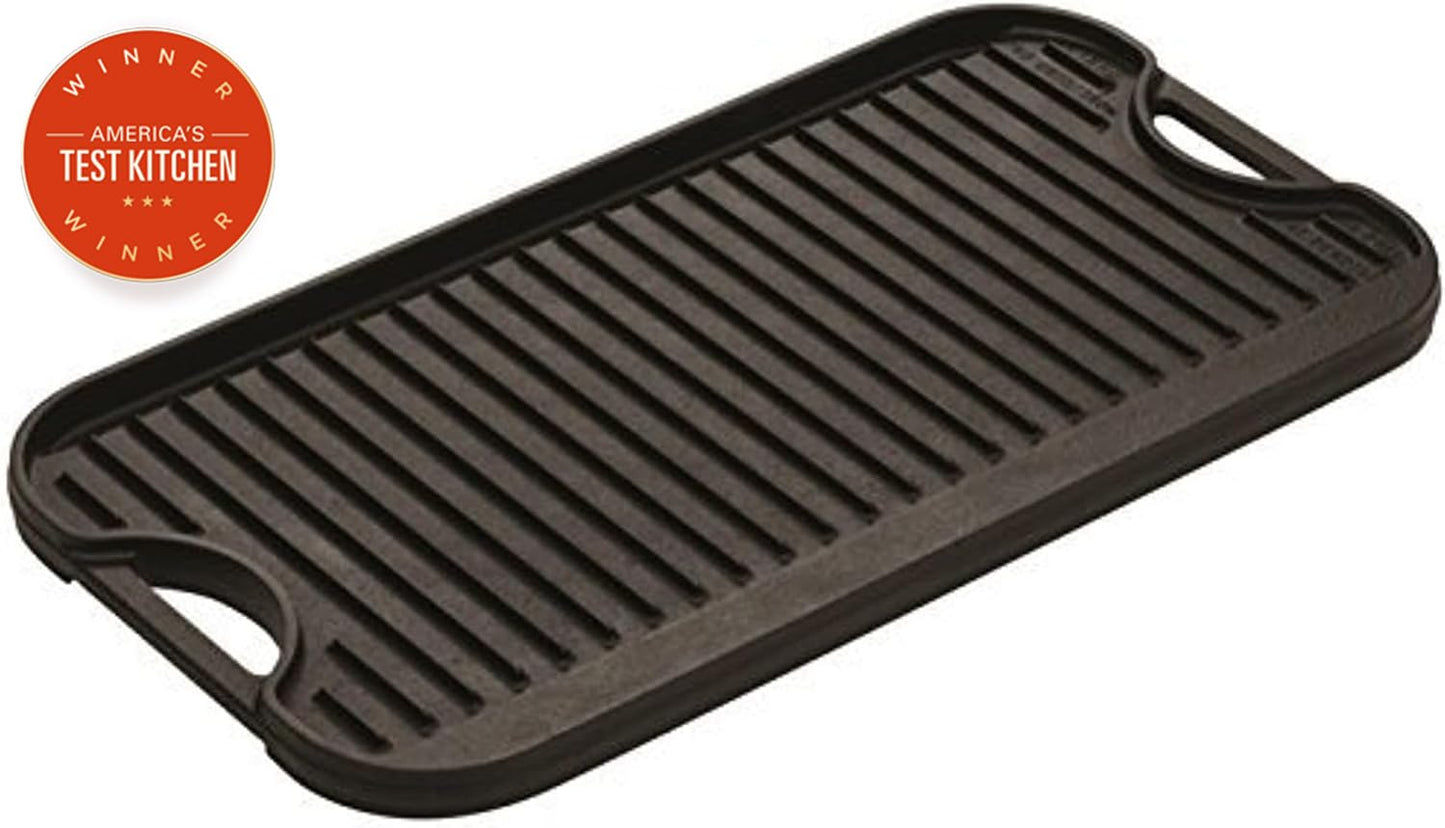 Lodge Pro-Grid Reversible Grill/Griddle - Dual-Sided Cast Iron Griddle - Double Burner Grill - Even Heat Distribution - PFAS-Free Non-Toxic Cookware - 20 Inches x 10.5 Inches