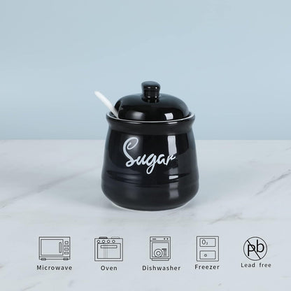 HAOTOP Farmhouse Porcelain Sugar Bowl with Lid and Spoon, 12oz, Easy to Clean (Black)
