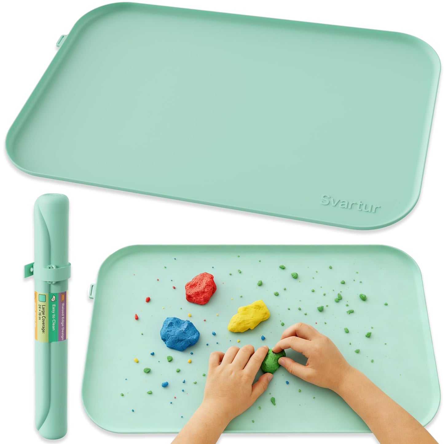 Silicone Craft Mat 24" x 16" with Raised Edge, Roll-Up Design with Storage Strap, Multi-Purpose Desk & Table Protector Silicone Art Mat for Crafts, Painting & DIY, Light Green