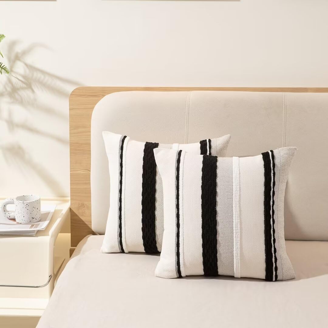 Boho Throw Pillow Covers 18x18 Set of 2 Farmhouse Decorative Cushion Case Striped Square Pillows Cover Chenille Pillow Cases Accent Neutral Pillowcase for Sofa Couch Bed,Sky Blue