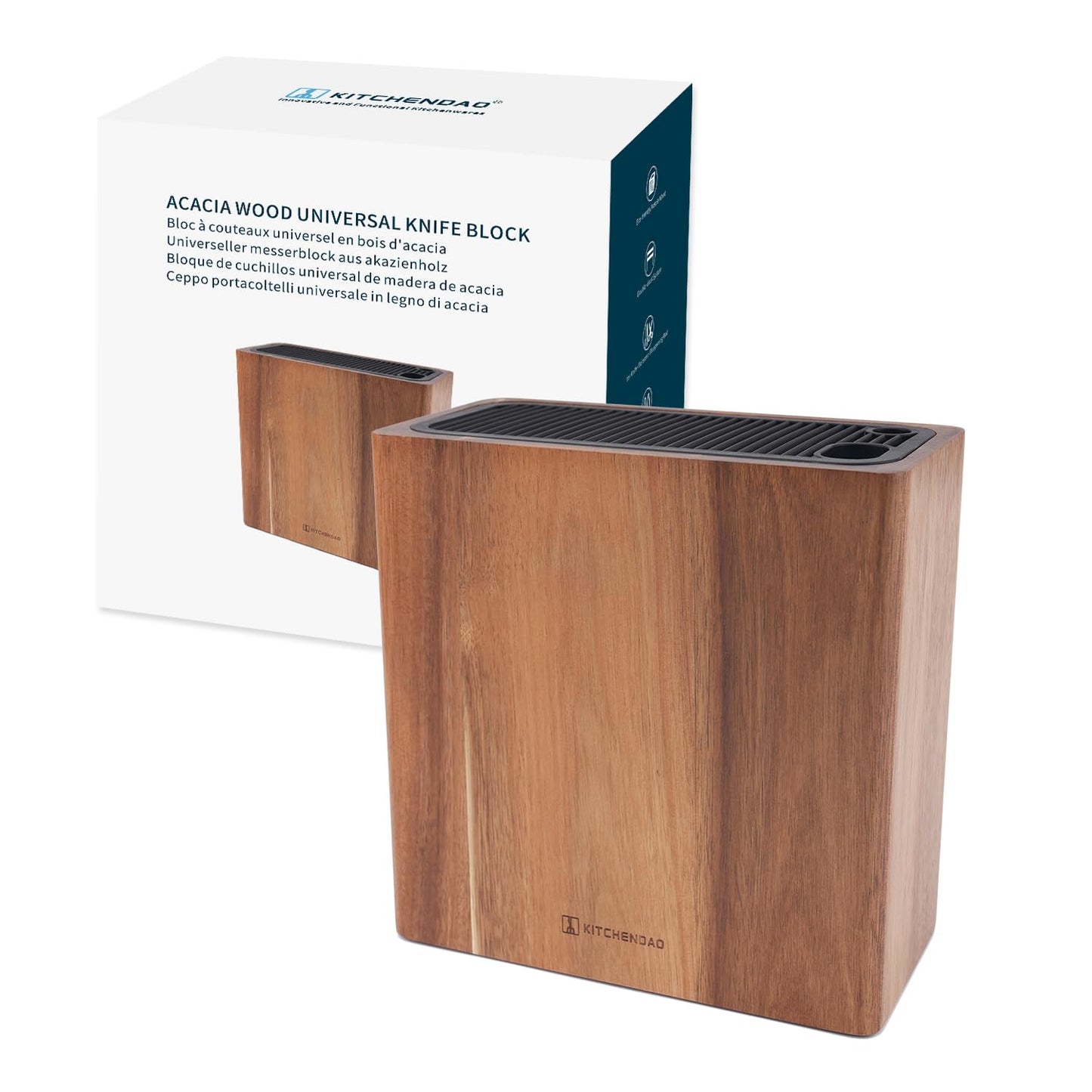 KITCHENDAO XL Acacia Wood Universal Knife Block with Slots for Scissors and Sharpening Rod, Safe, Space Saver Knives Storage Stand Display without Knives, Unique Slot Design to Protect Blade