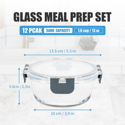 GULFLIN 12 Pack Small Glass Food Storage Containers with Lids Airtight, 13oz Leak-Proof Meal Prep Containers Set, Freezer to Microwave Safe, Dishwasher Safe