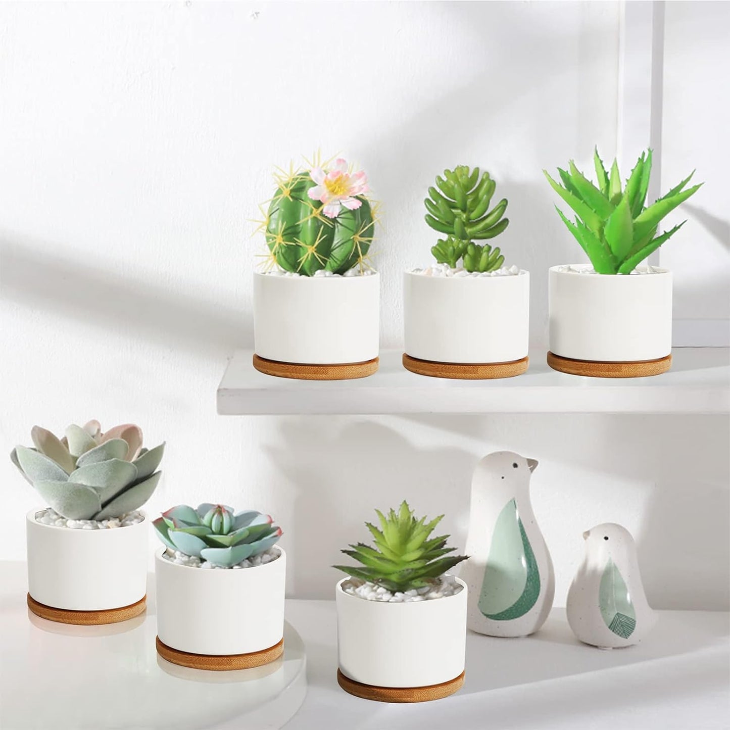 ZOUTOG White Mini Succulent Planter, 3.15 inch Ceramic Pot with Bamboo Tray, Pack of 4