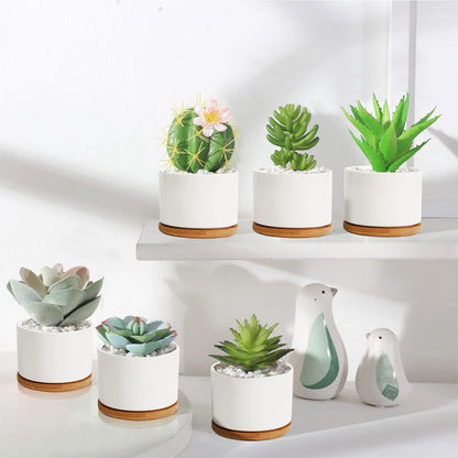 ZOUTOG White Mini Succulent Planter, 3.15 inch Ceramic Pot with Bamboo Tray, Pack of 4