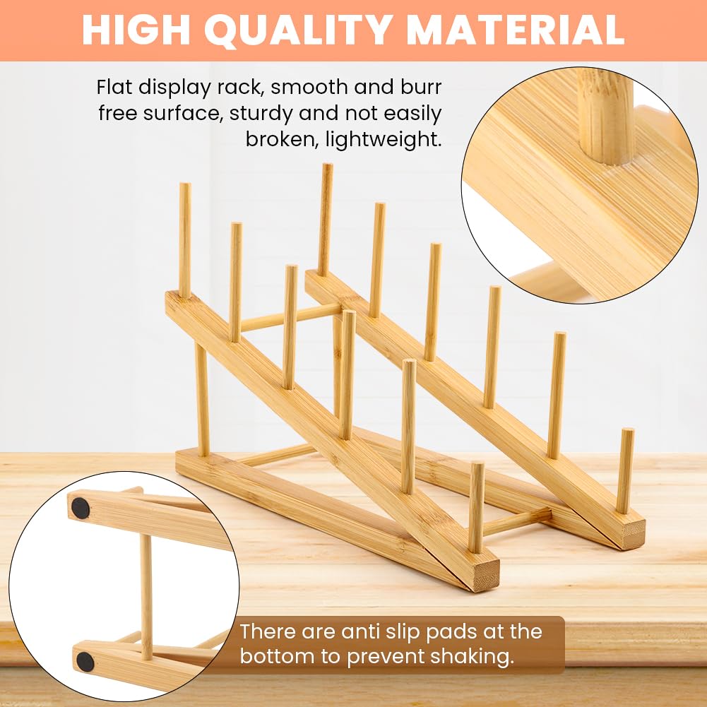 Bibabala 2Pcs Plate Stands for Display, Wooden Plate Holders with 1 Cup Holder,5 Tiers Bowl Rack, Craft Show Display Stands for Tabletop Book, Artwork, Photo, Record, Magazine, Platter
