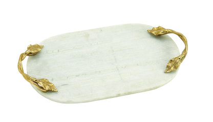 Deco 79 Marble Oval Tray with Gold Twisted Leaf Handles, 20" x 10" x 2", White