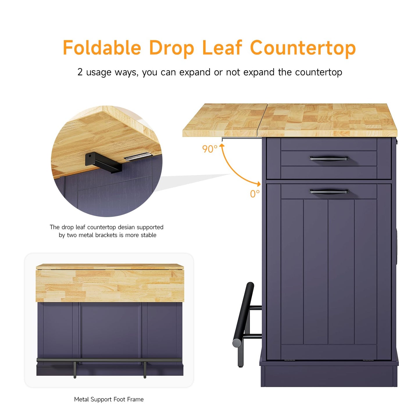 ONBRILL Stationary Kitchen Islands Include 2 Chairs, 47" Kitchen Island with Drop Leaf, Home Bar Table with Spice Rack & with Trash Cabinet, Island Table for Dining Room with Power Outlet, Blue
