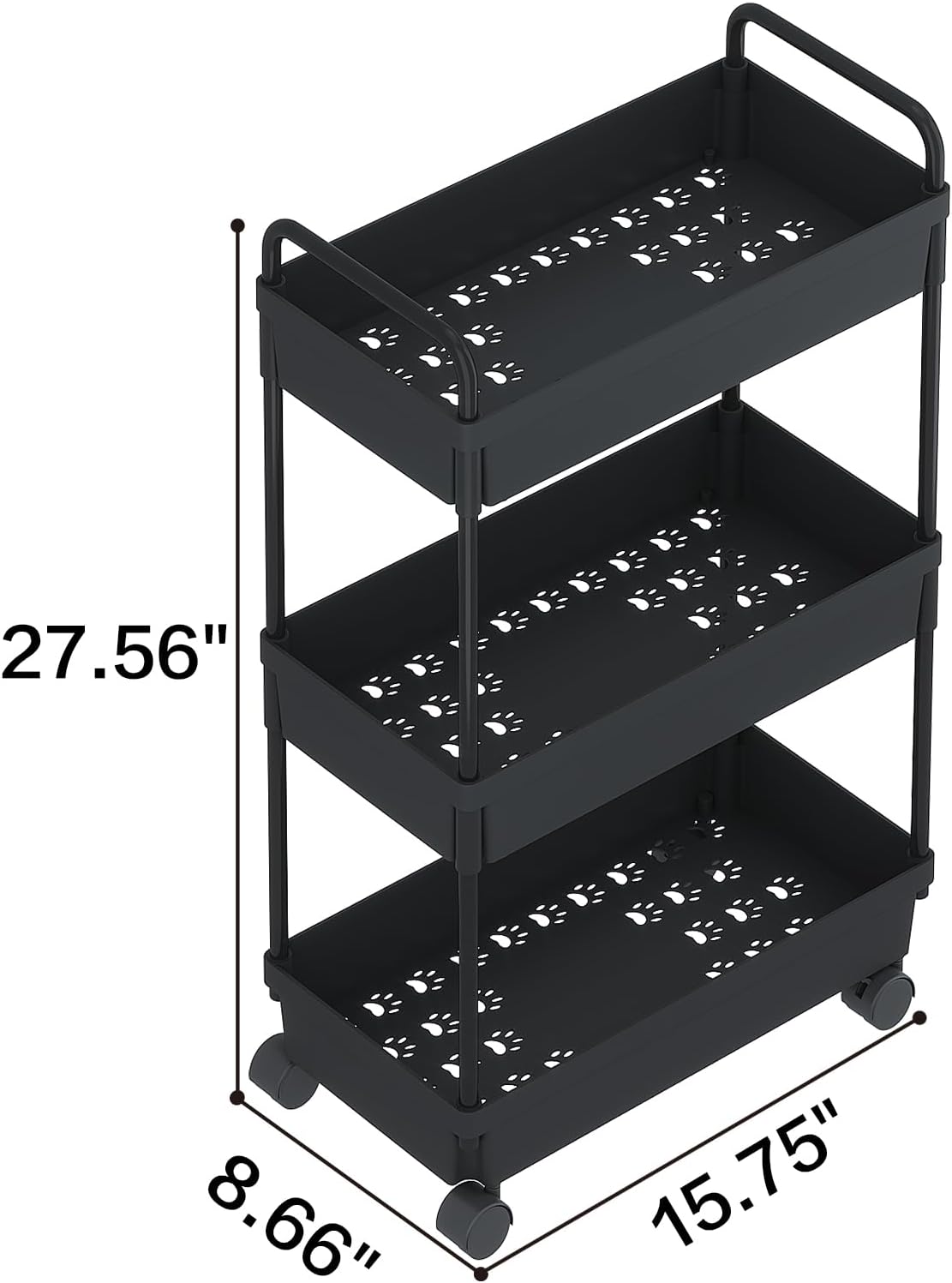 Buzowruil Rolling Storage Cart, 3 Tier Organizer Mobile Shelving Unit with Wheels for Kitchen Bathroom Laundry, Black