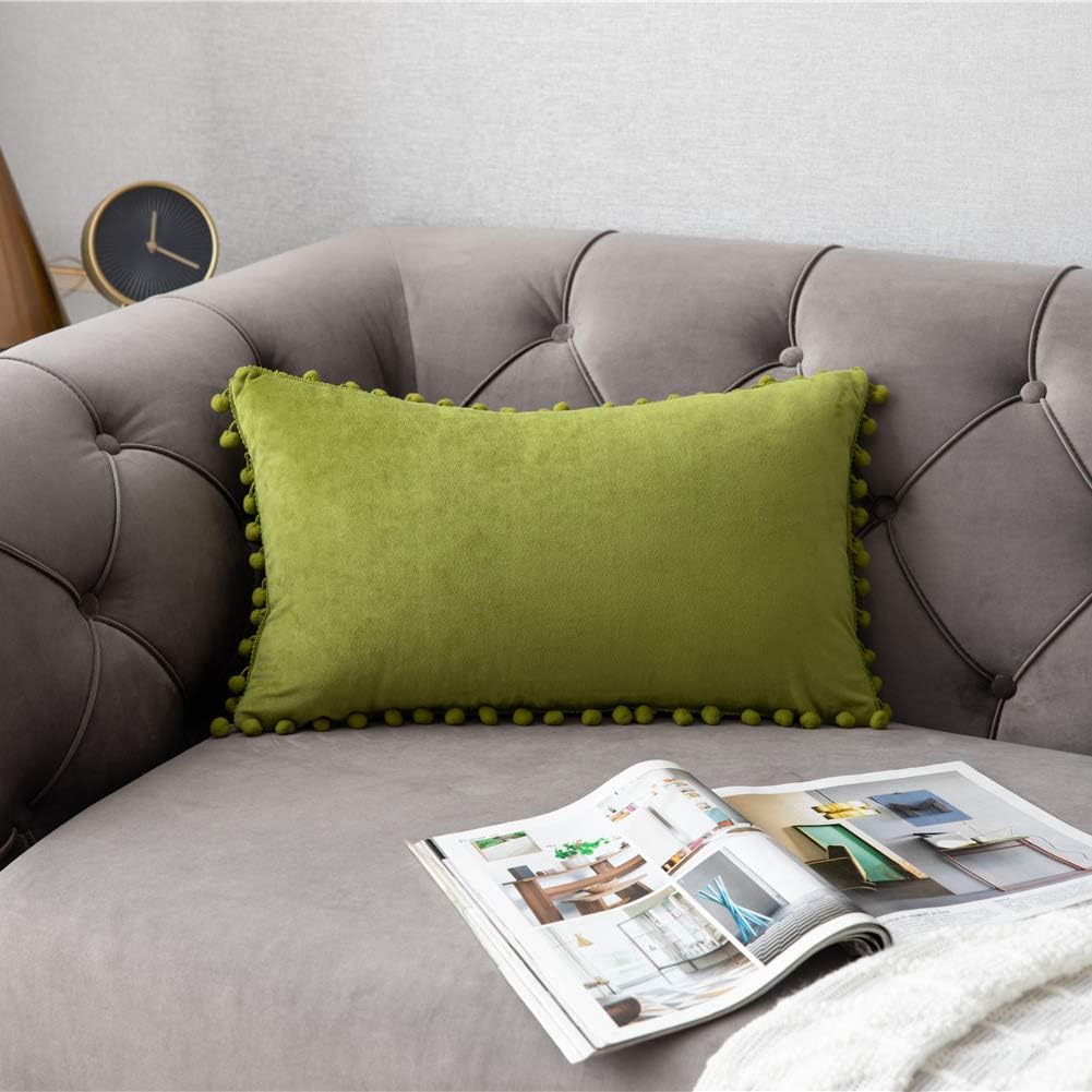 DEZENE Couch Pillow Cases 12x20 Chartreuse: 2 Pack Soft Pom-poms Velvet Rectangular Throw Pillow Covers