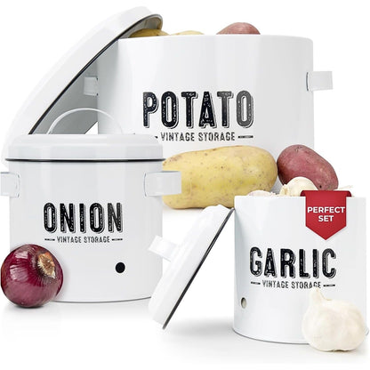 Granrosi Kitchen Vegetable Storage Set for Pantry & Countertop — Set of 3 Kitchen Containers Including Potato Bin, Onion Keeper & Garlic Storage; Rustproof Metal & Aeratic Holes; Farmhouse Style