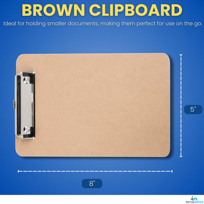 1InTheOffice 5x8 Clipboard, Mini Brown Hardboard Clipboards with Low-Profile Metal Clip, Small Vertical Clip Board for Notes, Receipts, Forms, Office and School, 6 Pack