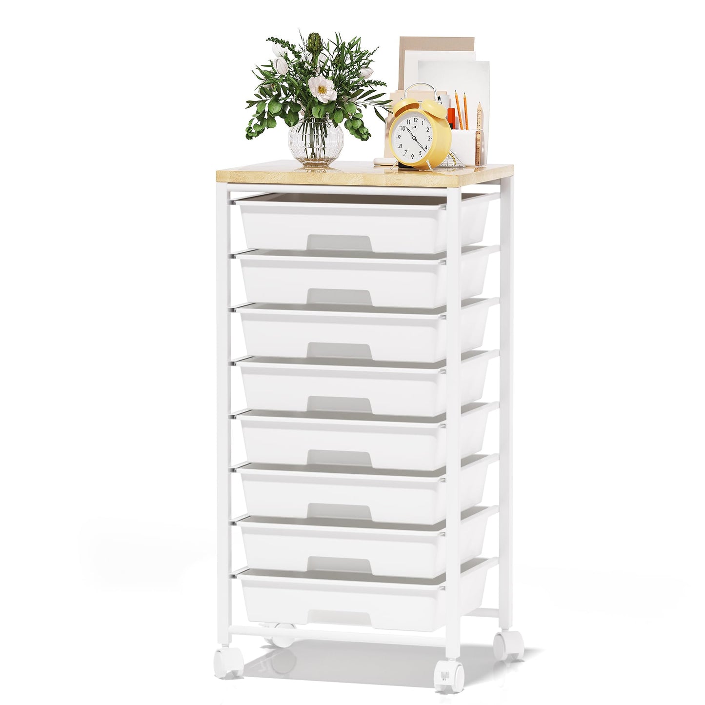 Rolling Cart with 8 Drawers, Storage Drawers Cart with Wooden Tabletop and Lockable Wheels, Craft Storage for Living Room, Office, Classroom, Craft Room, Bedroom