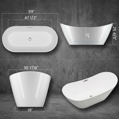 59" Acrylic Freestanding Bathtub with Chrome Drain Kit, Contemporary Square Soaking Tub with Overflow and Flexible PVC Drain Pipe, Double-Walled Insulation, CUPC Certified, Glossy White Finish