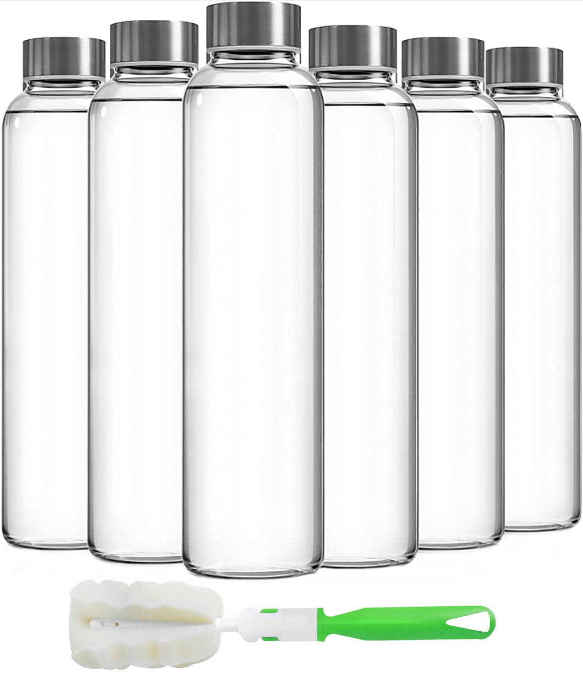 Epica Clear Glass Bottles with Lids, 18oz Resuable Glass Water Bottles for Juicing with Stainless Steel Cap to store Milk, Smoothie, etc., 100% Leak Proof, Durable and Dishwasher Safe (Set of 6)