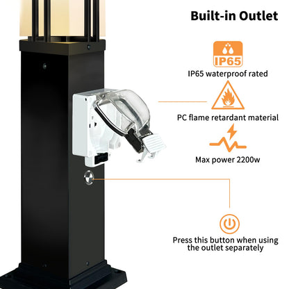 Yoenecea Outdoor Lamp Post with Outlet, Modern Post Light Fixture for Yard, Aluminum Lamp Pole Outdoor Lighting with Glass, Waterproof Outside Street Light for Pathway Garden Patio (27.5''H, 1 pc)
