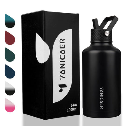 YONICOER Insulated Water Bottle 64oz,Triple Wall Vacuum Stainless Steel(Dishwasher Safe),Leak Proof & Non-BPA,Flask Jug with Paracord Handle & Straw Spout Lids Sports Black