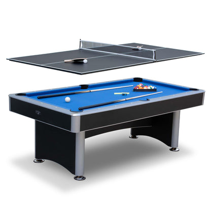 Hathaway Maverick II 7 Foot Pool Table with Table Tennis Top – with Accessories for Both Games – Space-Saving Ping Pong and Pool Table Combo for Families – Matte Black Finish, Blue Felt