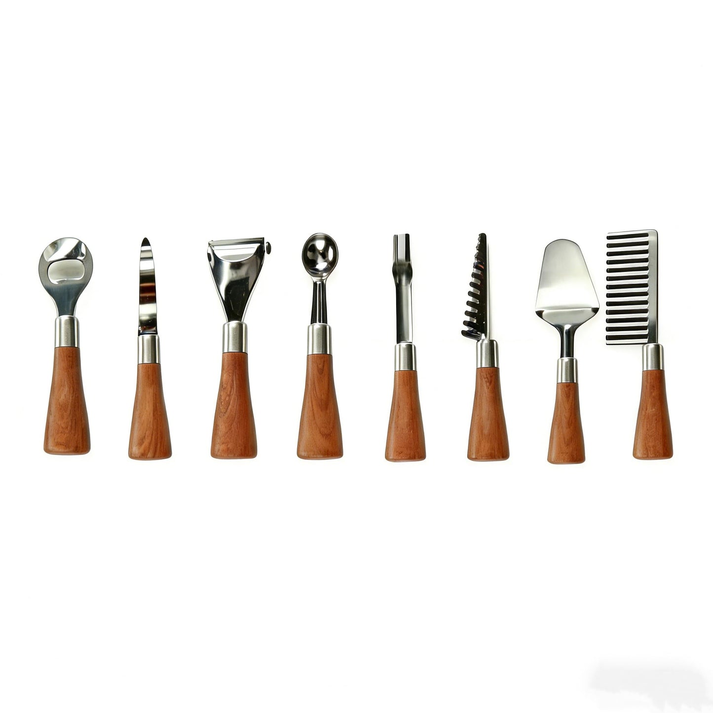 HIFIND 8PCS Stainless Steel Kitchen Gadget Set with Wood Grain Handles - Round Bottle Opener, Straight/Y Peelers, Fruit Scoop, Fruit Corer, Fruit Corer, Fruit Scaler, Cheese Spatula, Dough Cutter