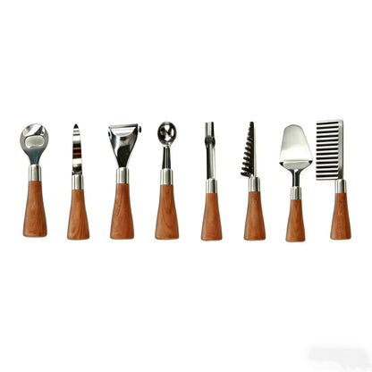 HIFIND 8PCS Stainless Steel Kitchen Gadget Set with Wood Grain Handles - Round Bottle Opener, Straight/Y Peelers, Fruit Scoop, Fruit Corer, Fruit Corer, Fruit Scaler, Cheese Spatula, Dough Cutter