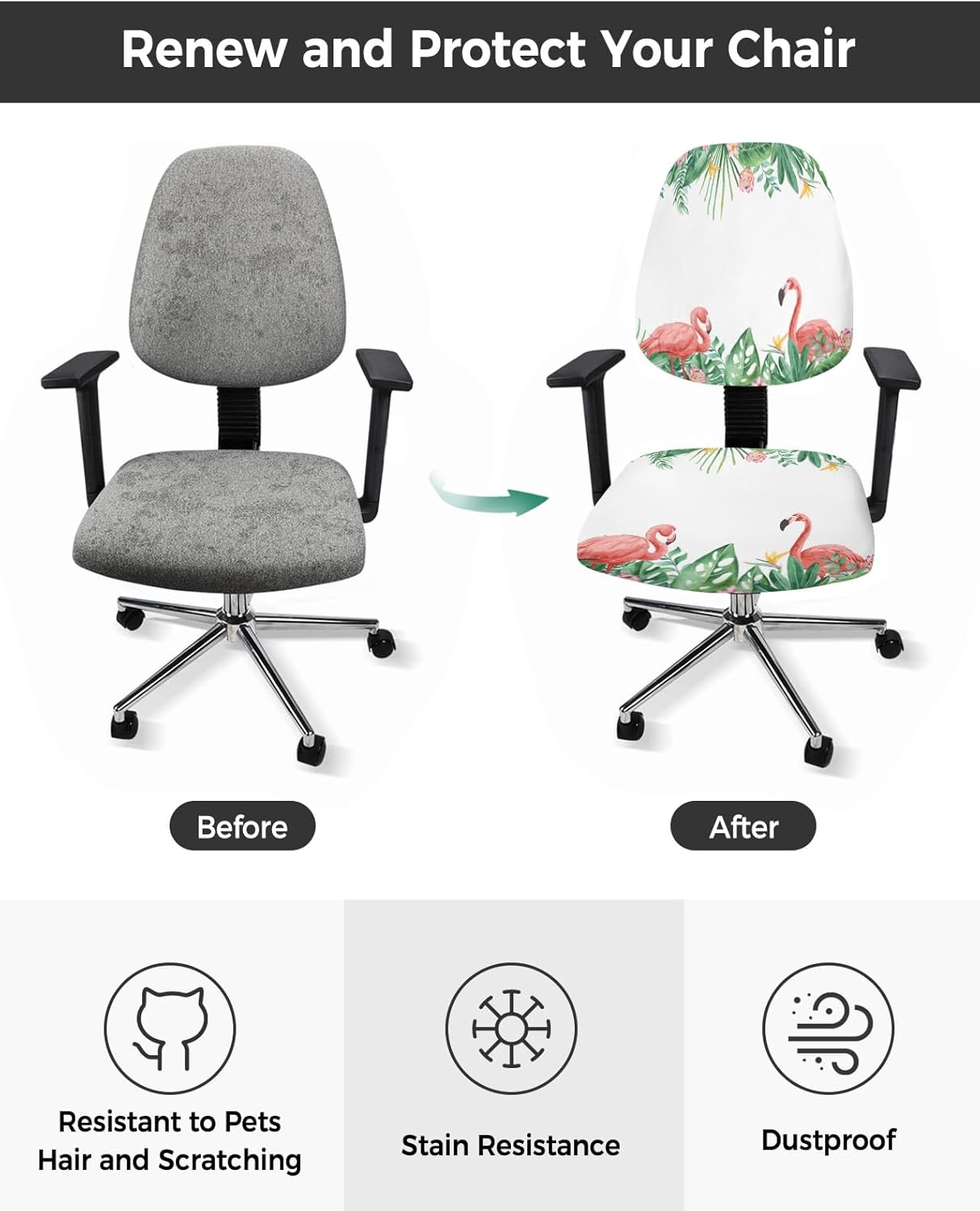 Summer Flamingo Office Chair Cover, Stretchable Computer Chair Seat Cover, Green Botanical Tropical Plants Slipcovers