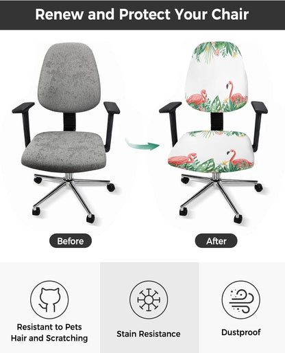 Summer Flamingo Office Chair Cover, Stretchable Computer Chair Seat Cover, Green Botanical Tropical Plants Slipcovers