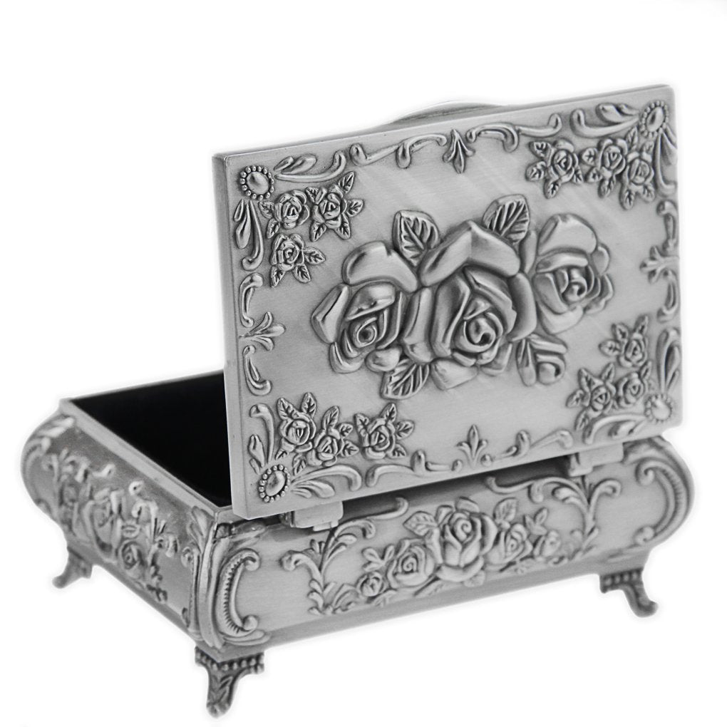 Classic Vintage Antique Tin Rectangle Jewelry Box Treasure Storage Organizer Chest with Rose Pattern