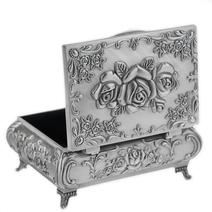 Classic Vintage Antique Tin Rectangle Jewelry Box Treasure Storage Organizer Chest with Rose Pattern