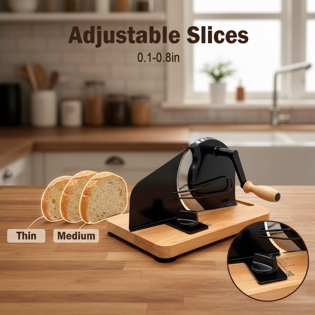 Manual Bread Slicer with Hand Crank - Adjustable Rotary Bread Cutter for Homemade Bread & Sourdough Rounds, Countertop German Style Stainless Steel Bread Slicer Machine & Loaf Slicer