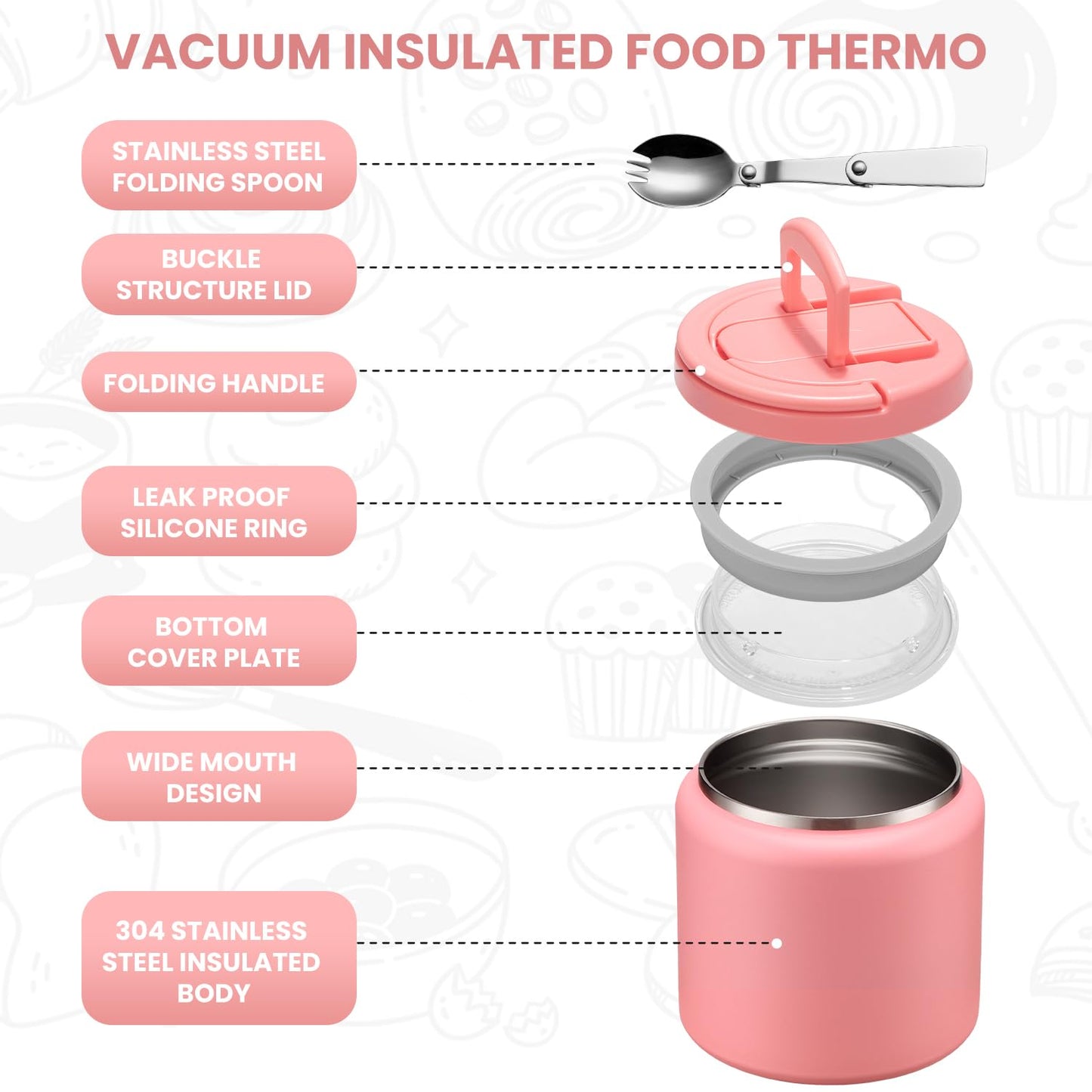 Itslife Soup Thermo for Hot Food Kids 25.5oz Lunch Containers with Buckle Lid Wide Mouth Hot Food Jar Vacuum Insulated Stainless Steel Bento Box Leakproof with Spoon