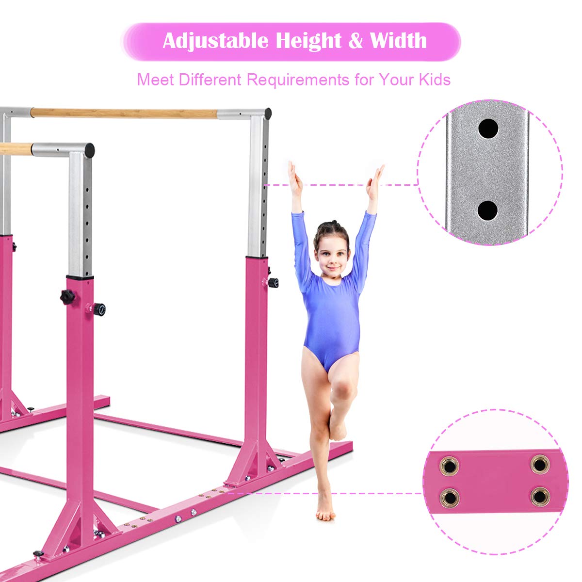Costzon Double Horizontal Bars, Junior Gymnastic Training Parallel Bars w/ 11-Level 38-55" Adjustable Heights, Converted Single Bar, 264lbs Capacity, Ideal for Indoors, Outdoors, Home Practice (Pink)