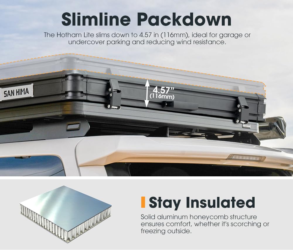 Sanhima Rooftop Tent Hard Shell - Hotham Lite Overland Aluminium Roof Top Tent 4.56" Slimline, w/Tri-Color LED Strip Light & 1.97” Thick Mattress, for Car SUV Truck Camping, 2-3 People Tent (Khaki)