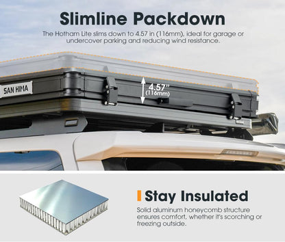 Sanhima Rooftop Tent Hard Shell - Hotham Lite Overland Aluminium Roof Top Tent 4.56" Slimline, w/Tri-Color LED Strip Light & 1.97” Thick Mattress, for Car SUV Truck Camping, 2-3 People Tent (Khaki)