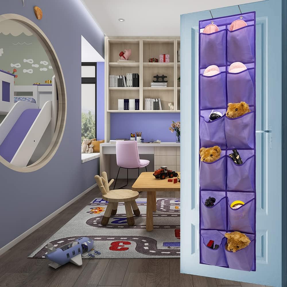 Hanging Storage Organizer Over the Door Shoes with 12 Large Fabric Pockets for Closet Shoe Holder (PURPLE)