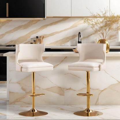 ROCITY Beige Bar Stools Set of 2 Swivel Counter Height Barstools with Back Faux Leather Bar Chairs with Gold Base Adjustable Modern Kitchen Island for Dining Room Home Bar, Rivet Decoration