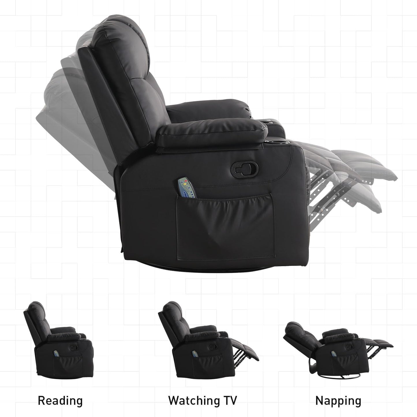 Bonzy Home Oversized Swivel Rocker Recliner, 40" Rocking Recliner Chair with Heated and Massage, PU Leather Single Sofa with Swivel Function, 2 Cup Holders for Living Room Bedroom, Black