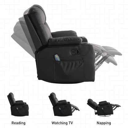 Bonzy Home Oversized Swivel Rocker Recliner, 40" Rocking Recliner Chair with Heated and Massage, PU Leather Single Sofa with Swivel Function, 2 Cup Holders for Living Room Bedroom, Black