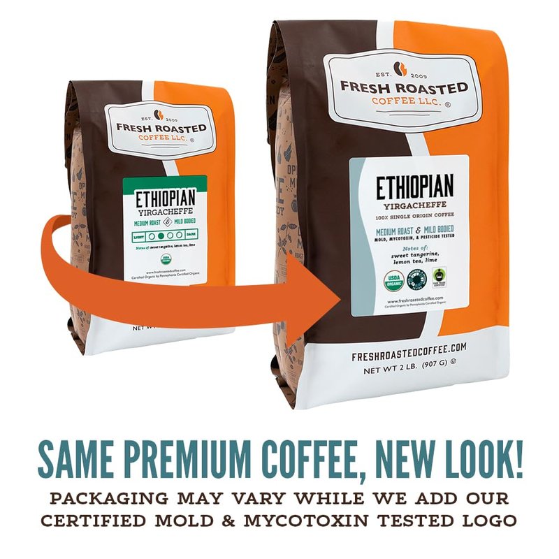 Fresh Roasted Coffee, Organic Ethiopian Yirgacheffe Whole Bean Coffee, Light Roast, USDA Organic, 3rd Party Tested for Mold, Mycotoxin & Pesticides, Kosher, 12 oz