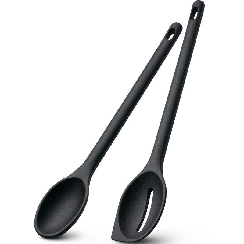 Silicone Spoons for Cooking, 600°F Heat Resistant Cooking Spoon with Solid & Slotted Spoon for Mixing, Serving, Stirring, Scraping, BPA Free Silicone Kitchen Utensil Set, Dishwasher Safe (2Pcs, Black)