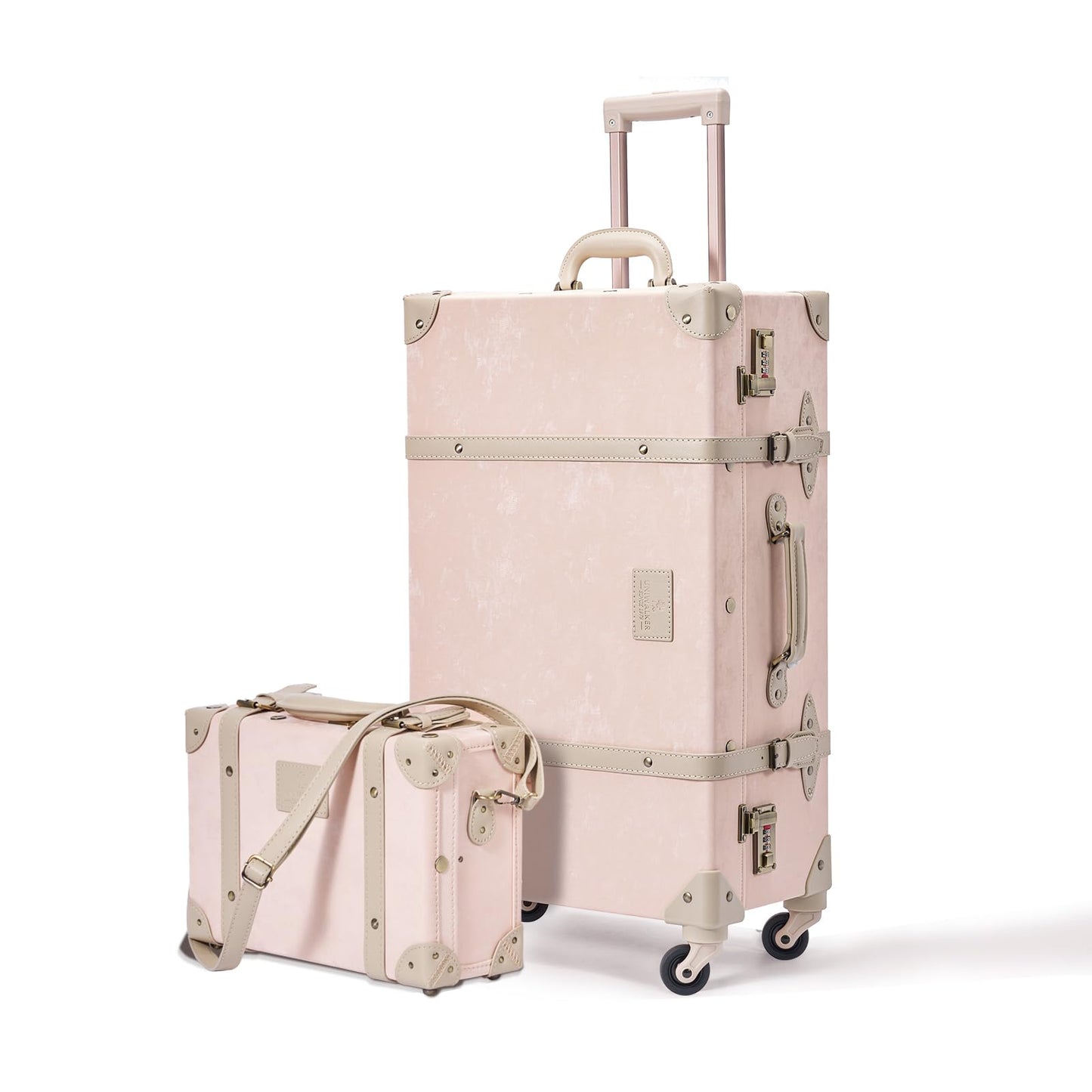 UNIWALKER Vintage Leather Suitcase Set of 2, Retro Trunk Style Spinner Luggage with Cosmetic Train Bag for Women(Velvet Pink, 26''+12'')