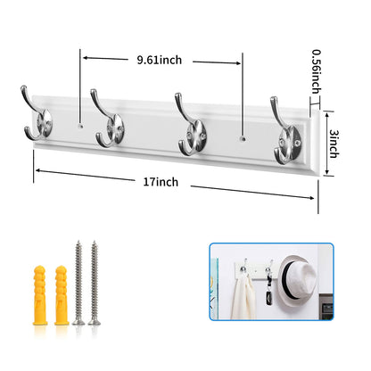 YTJG Coat Rack Wall Mounted White, 17" Wooden Modern Wall Coat Hanger with 4 Hooks, Heavy Duty Zinc Alloy Wall Hook Rack for Hanging Coats, Keys, Bags, Great Touch for Bedroom Bathroom Kitchen