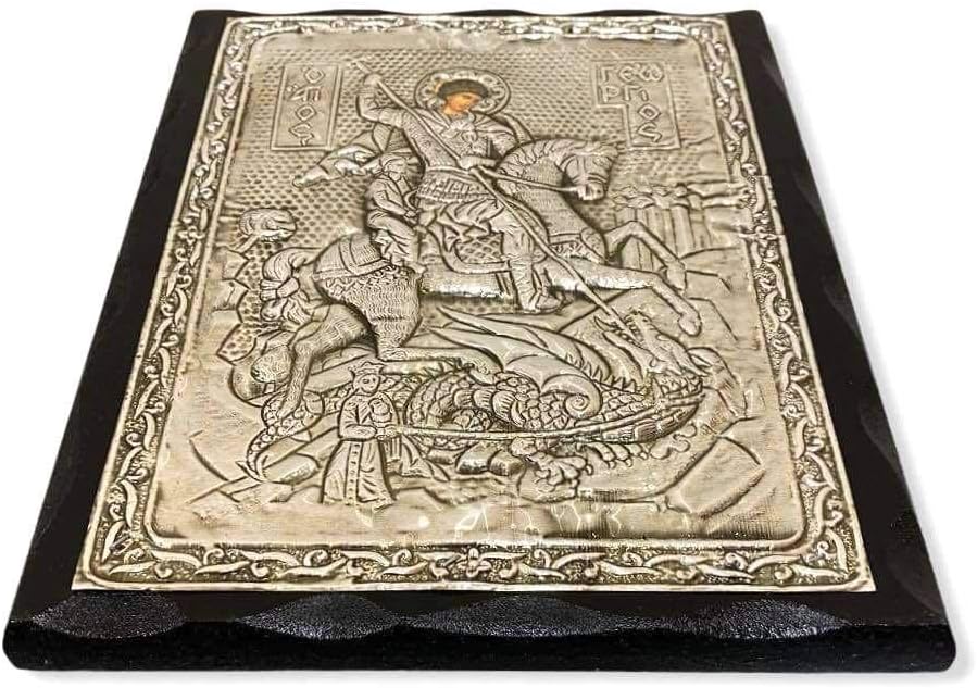 Handmade Greek Christian Orthodox Wood-Metallic Icon of Saint George - 24 X 19cm Solid Wood