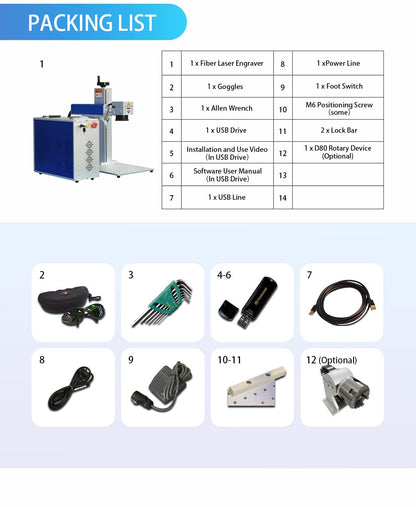 100W JPT M7 MOPA Fiber Laser Marking Machine Fiber Laser Engraver 300×300mm with 80mm Rotary Axis and Heightened 800mm Tower Lightburn Compatible Class 1 Laser Output Power 0.39mW