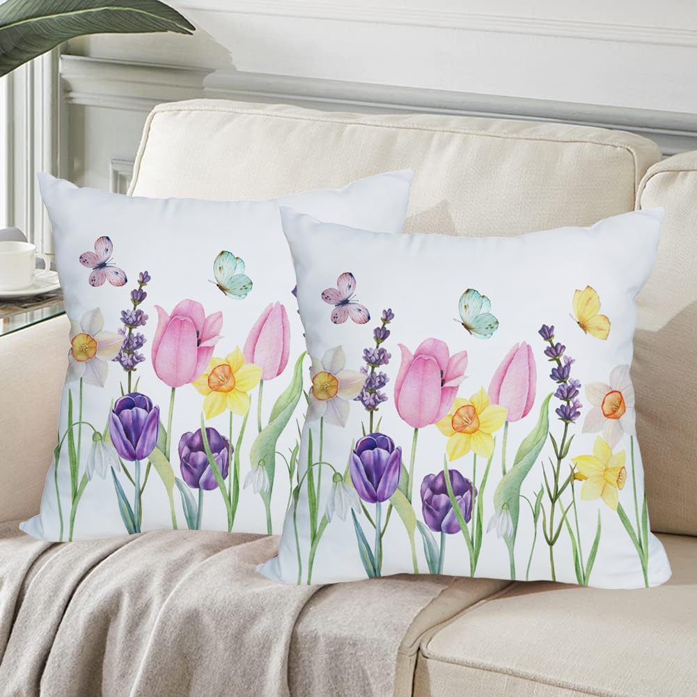 2 Pack Waterproof Spring Floral Pillow Covers, 16x16 Inch Pink Tulip Flower & Lavender Butterfly Outdoor Cushion Case
