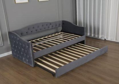 GDFStudio Twin Size Bed Frame with Trundle, Upholstered Twin Daybed with USB Charging Station, Diamond Tufted Velvet Sofa Bed, Wood Platform Twin Bed Frame with Solid Slat, No Box Spring Needed, Gray