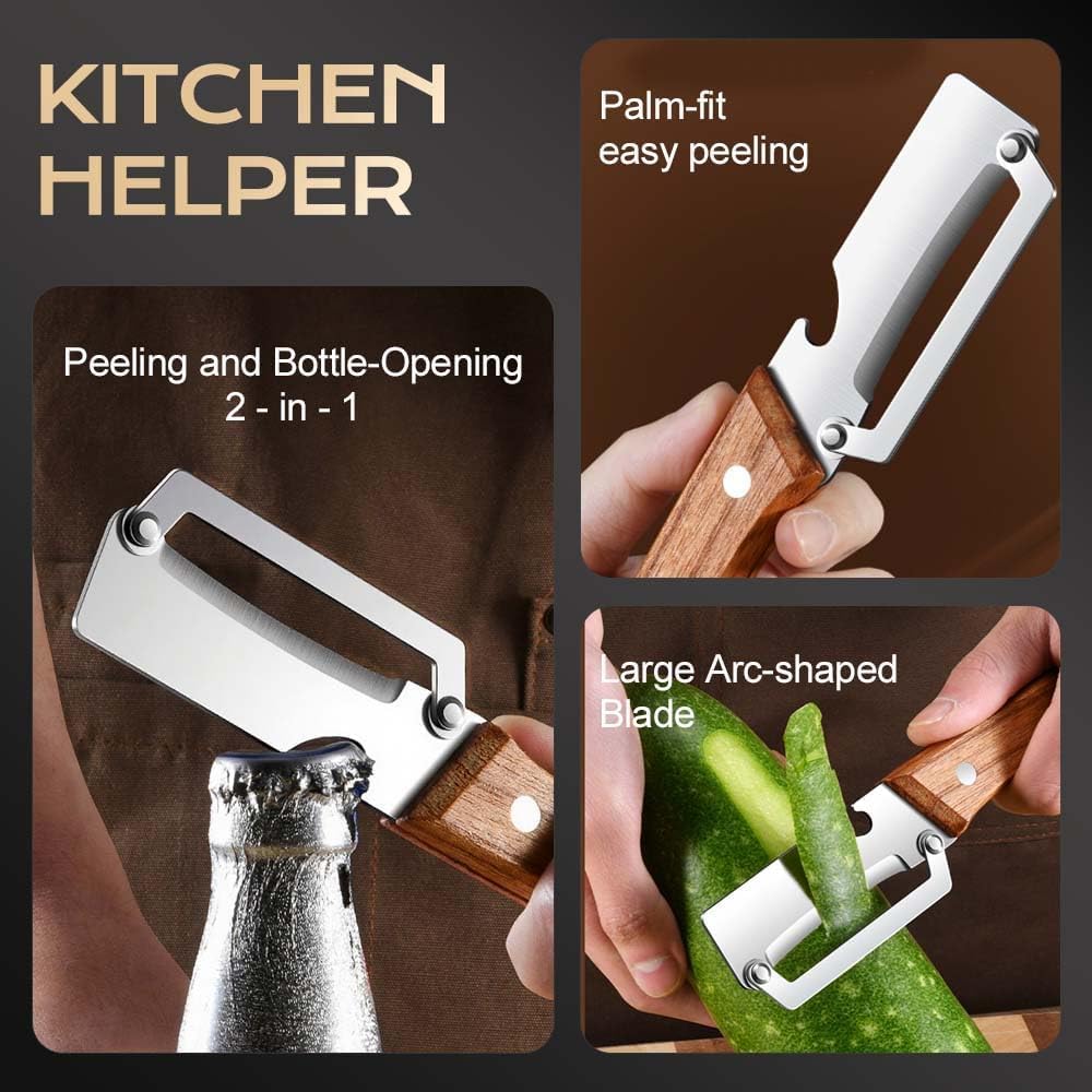 2 Pcs Premium Vegetable Peeler with Wooden Handle and Bottle Opener: 2-in-1 Stainless Steel Kitchen Tool for Fruit Apple Potato Pumpkin Papaya