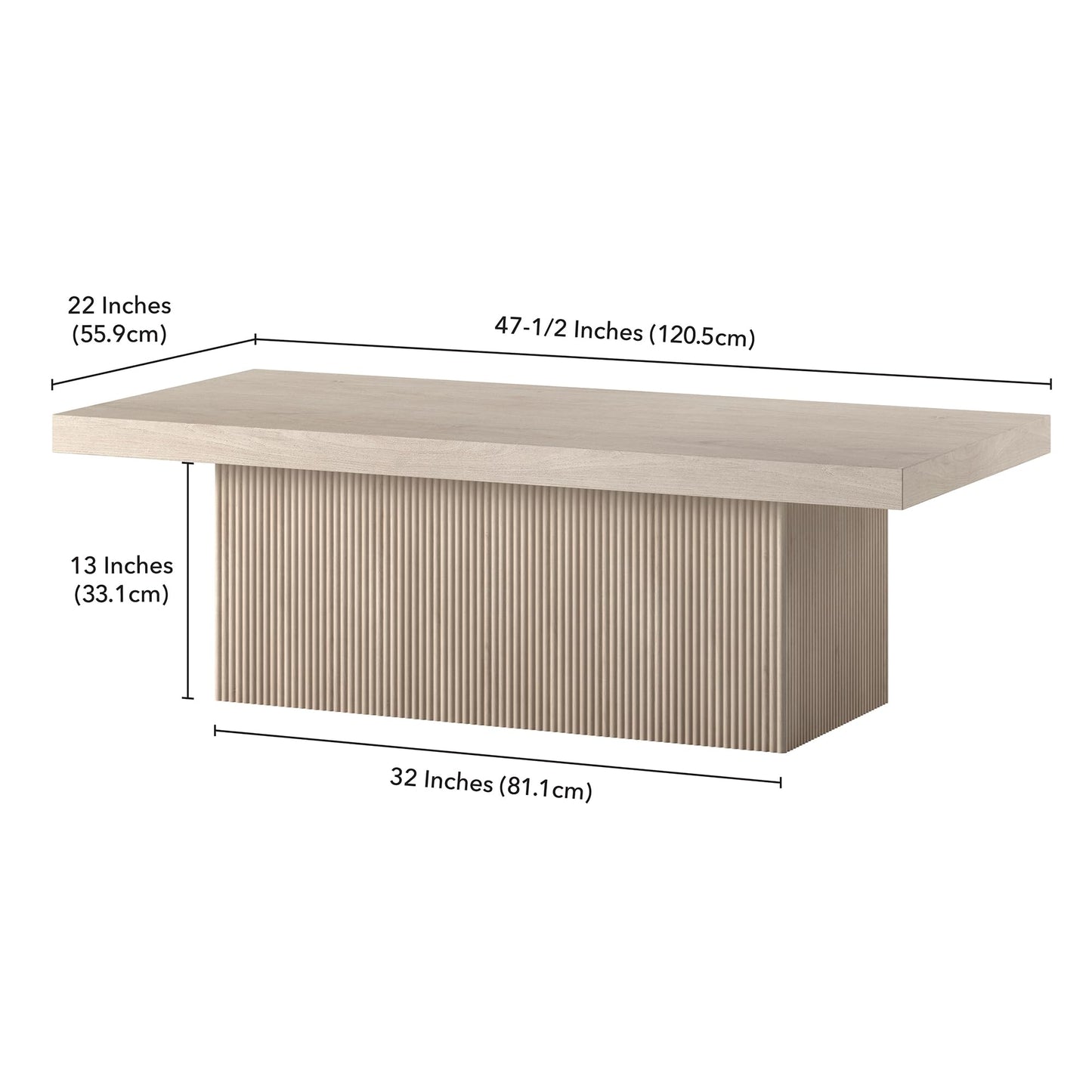 Henn&Hart 48" Fluted Low-Profile Rectangular Coffee Table with Ribbed Base for Living Room, Family Room, or Office, Beech White