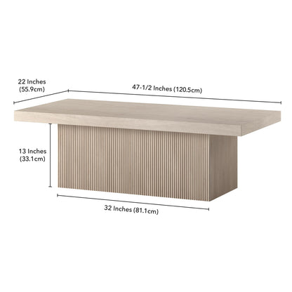 Henn&Hart 48" Fluted Low-Profile Rectangular Coffee Table with Ribbed Base for Living Room, Family Room, or Office, Beech White