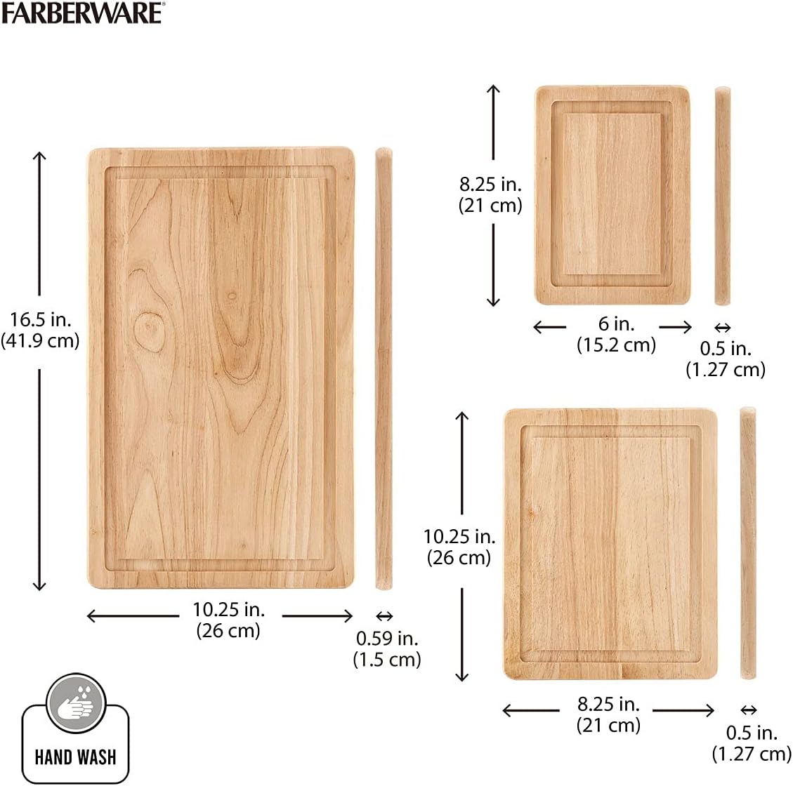 Farberware Rubberwood Cutting Board Set, 3-Piece with Juice Grooved and Finger Grips