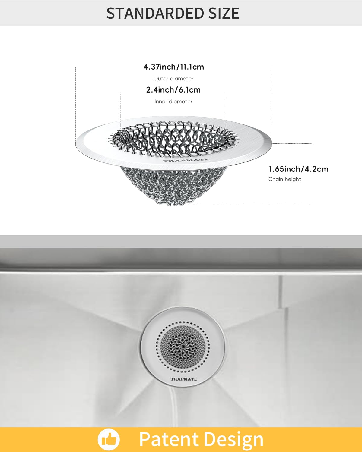 TRAPMATE 2 Pcs Kitchen Sink Drain Strainer, Stainless Steel Sink Strainer Basket with Easy Clean & Anti-Clog, Fits Garbage Disposal, Dishwasher Safe, Single & Double Bowl Sinks (Patented Product)